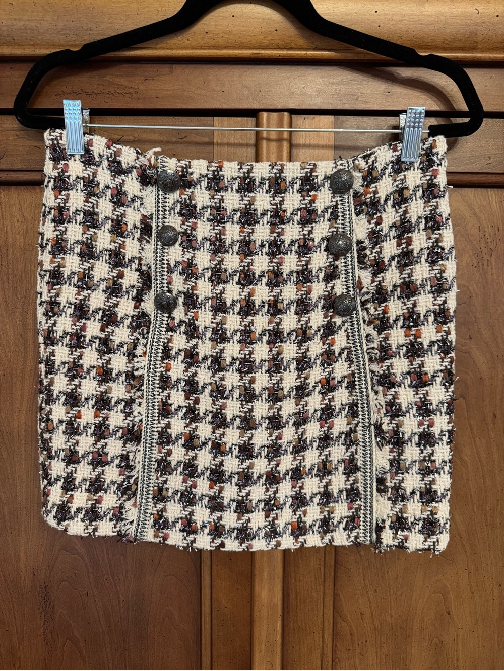 Veronica Beard Starck Tweed Houndstooth Button-Front Mini Skirt - Cream & Brown